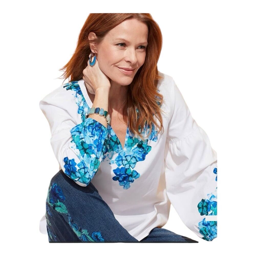 CHICO'S Tunic Womens Sz 0 Blue White Floral Embroidered Popover Resort‎ Beach